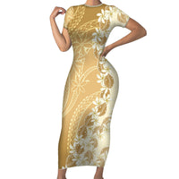 Heiva i Tahiti Family Matching Short Sleeve Bodycon Dress and Hawaiian Shirt Tahitian Tiare Maori Cowrie Lei Brown