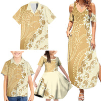 Heiva i Tahiti Family Matching Summer Maxi Dress and Hawaiian Shirt Tahitian Tiare Maori Cowrie Lei Brown