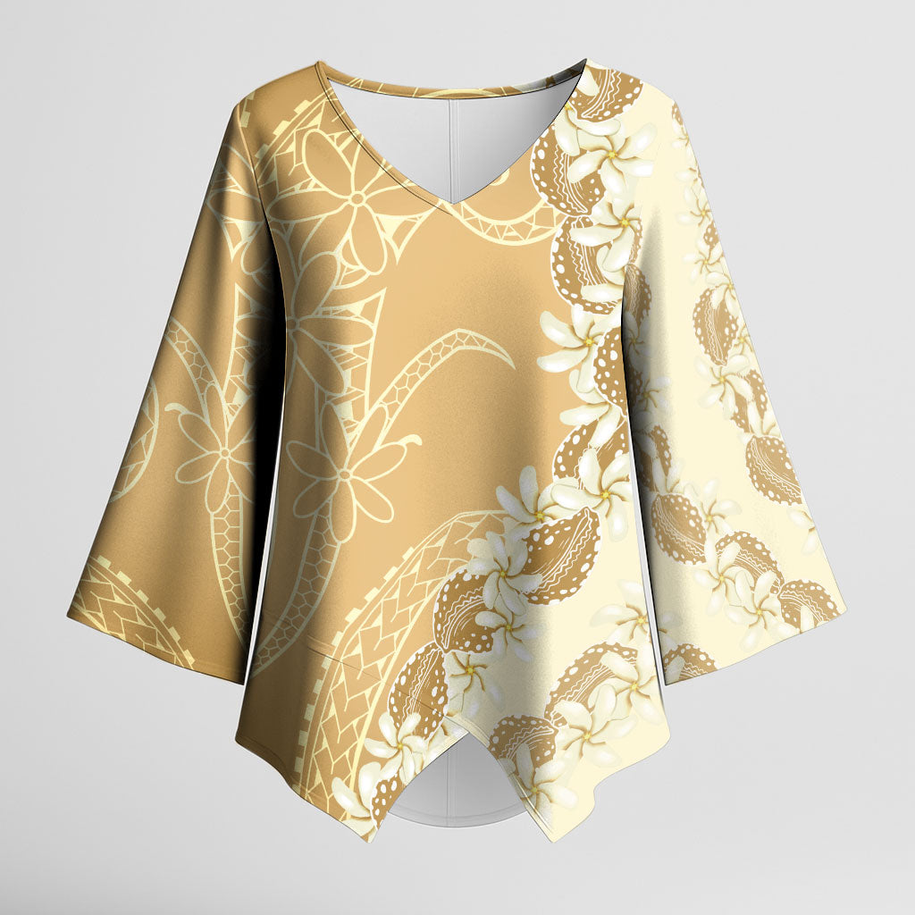 Heiva i Tahiti Kimono Sleeve Blouse Tahitian Tiare Maori Cowrie Lei Brown
