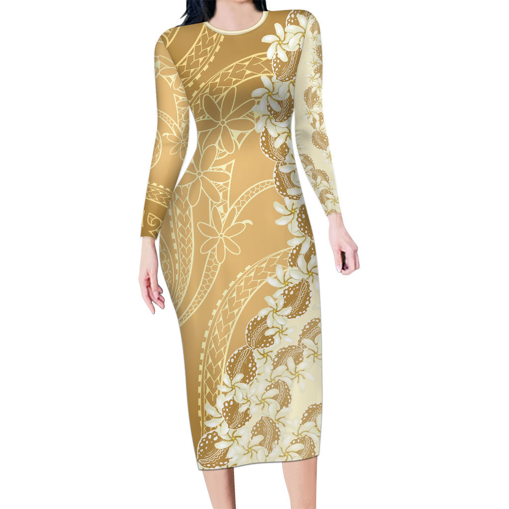 Heiva i Tahiti Long Sleeve Bodycon Dress Tahitian Tiare Maori Cowrie Lei Brown