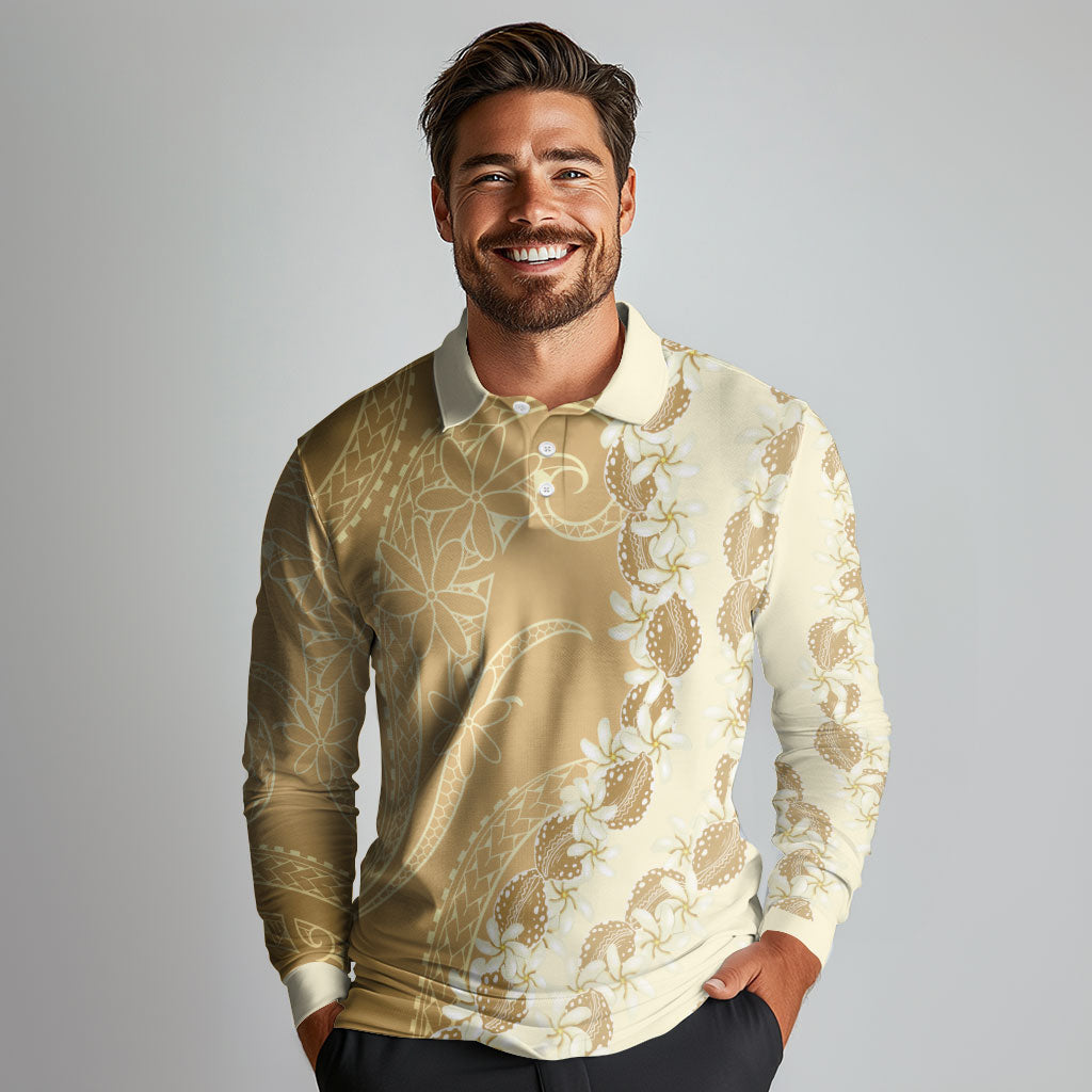 Heiva i Tahiti Long Sleeve Polo Shirt Tahitian Tiare Maori Cowrie Lei Brown