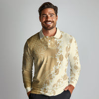 Heiva i Tahiti Long Sleeve Polo Shirt Tahitian Tiare Maori Cowrie Lei Brown