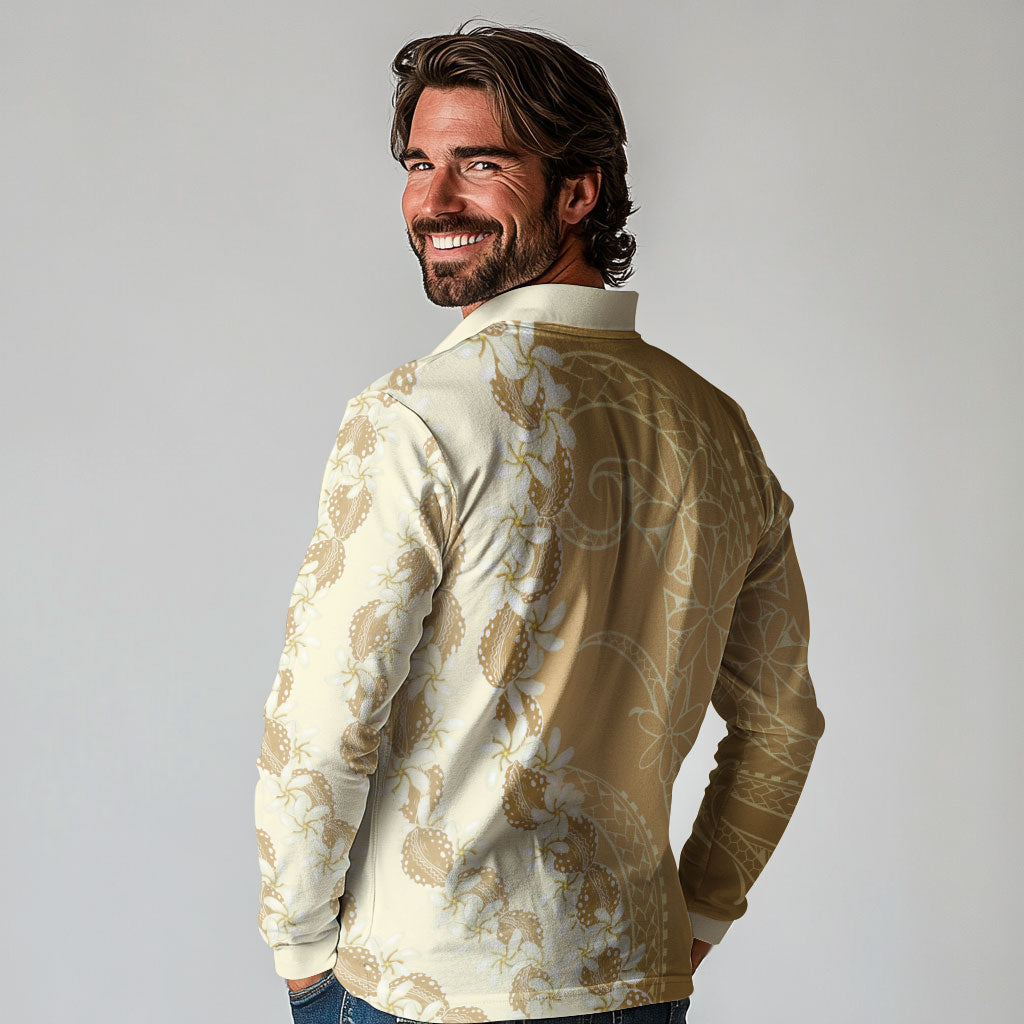 Heiva i Tahiti Long Sleeve Polo Shirt Tahitian Tiare Maori Cowrie Lei Brown