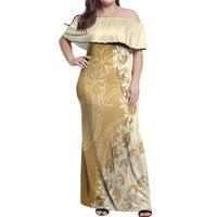 Heiva i Tahiti Off Shoulder Maxi Dress Tahitian Tiare Maori Cowrie Lei Brown