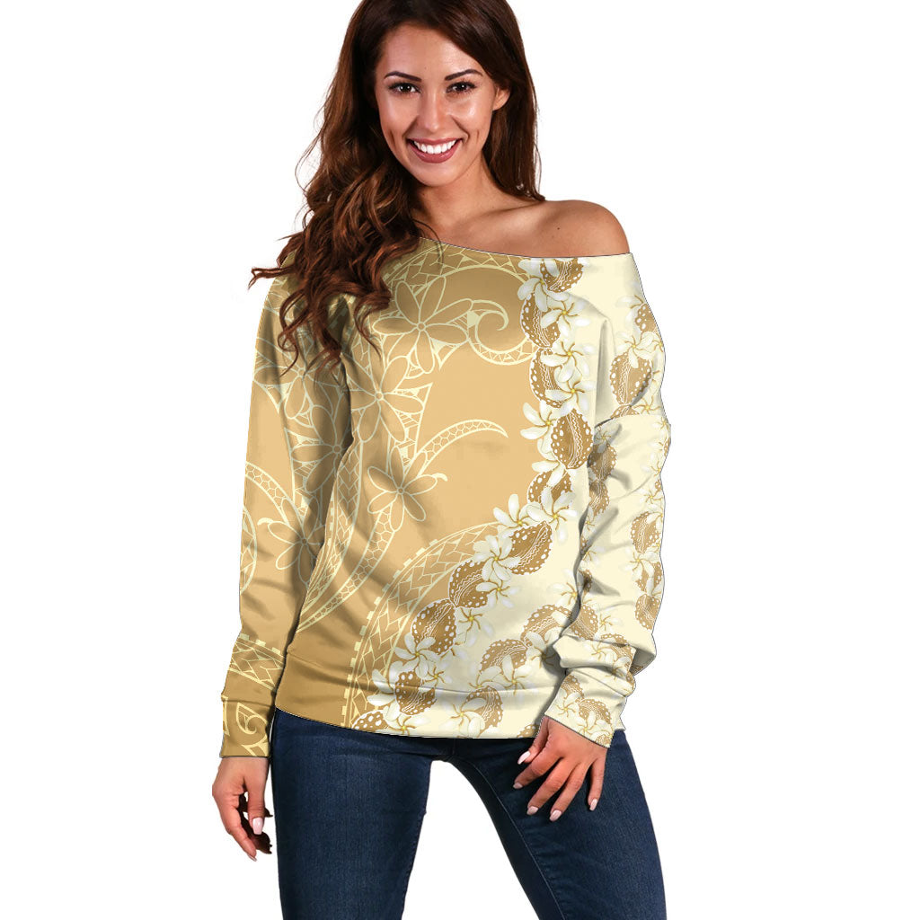 Heiva i Tahiti Off Shoulder Sweater Tahitian Tiare Maori Cowrie Lei Brown