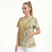 Heiva i Tahiti Scrub Top Tahitian Tiare Maori Cowrie Lei Brown LT14 - Polynesian Pride