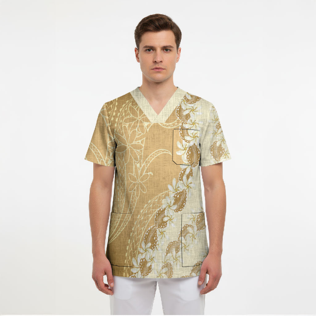 Heiva i Tahiti Scrub Top Tahitian Tiare Maori Cowrie Lei Brown LT14 - Polynesian Pride