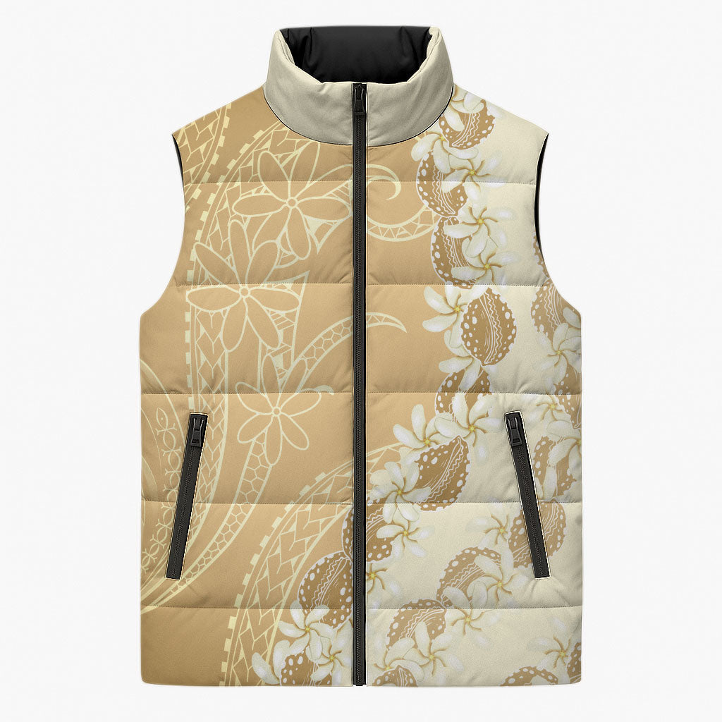 Heiva i Tahiti Sleeveless Puffer Jacket Tahitian Tiare Maori Cowrie Lei Brown