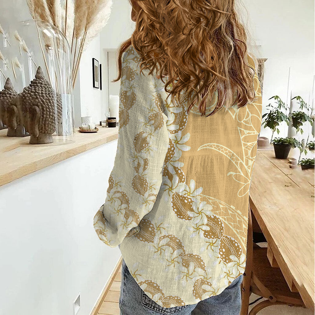 Heiva i Tahiti Women Casual Shirt Tahitian Tiare Maori Cowrie Lei Brown