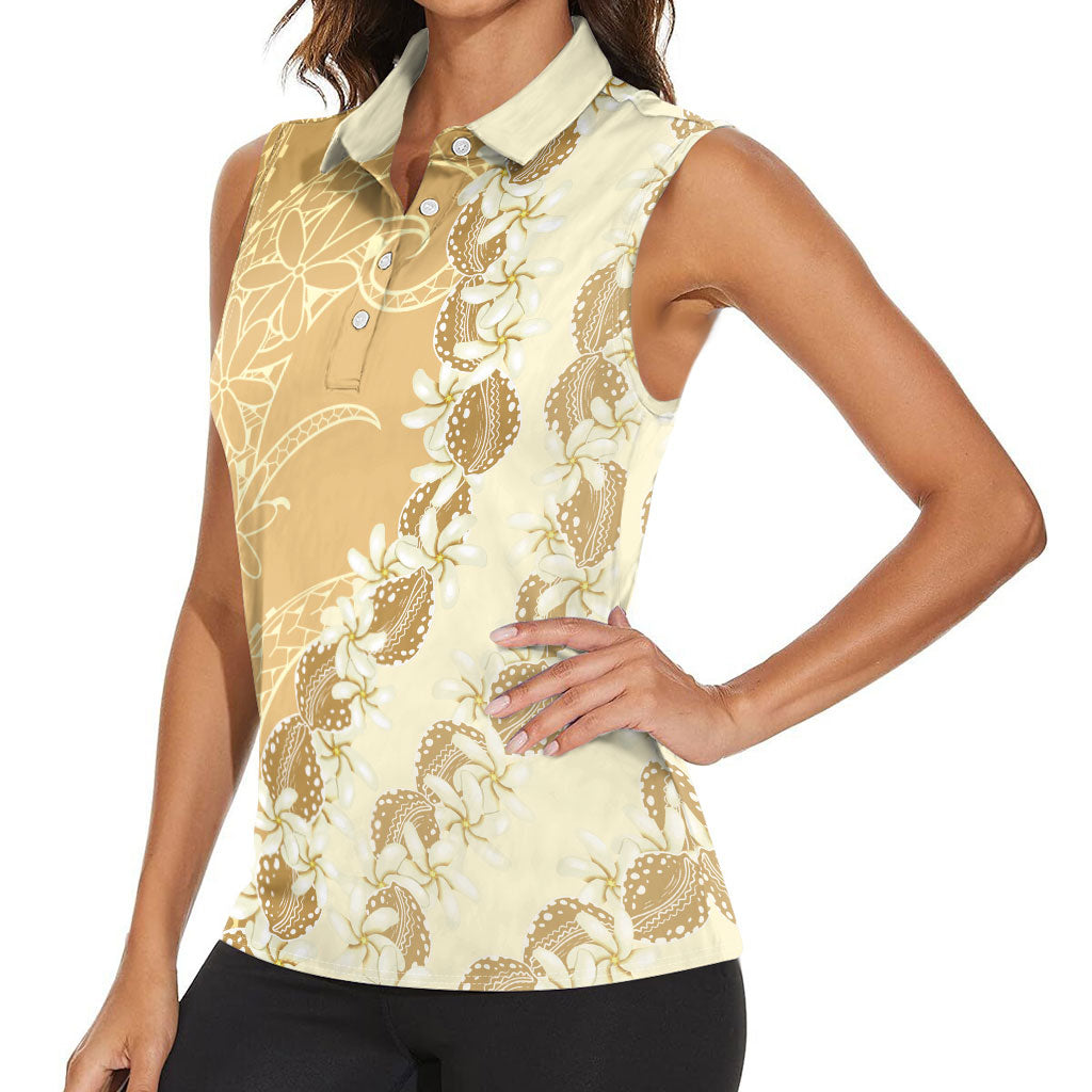 Heiva i Tahiti Women Sleeveless Polo Shirt Tahitian Tiare Maori Cowrie Lei Brown