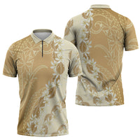 Heiva i Tahiti Zipper Polo Shirt Tahitian Tiare Maori Cowrie Lei Brown