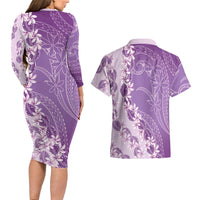 Heiva i Tahiti Couples Matching Long Sleeve Bodycon Dress and Hawaiian Shirt Tahitian Tiare Maori Cowrie Lei Purple