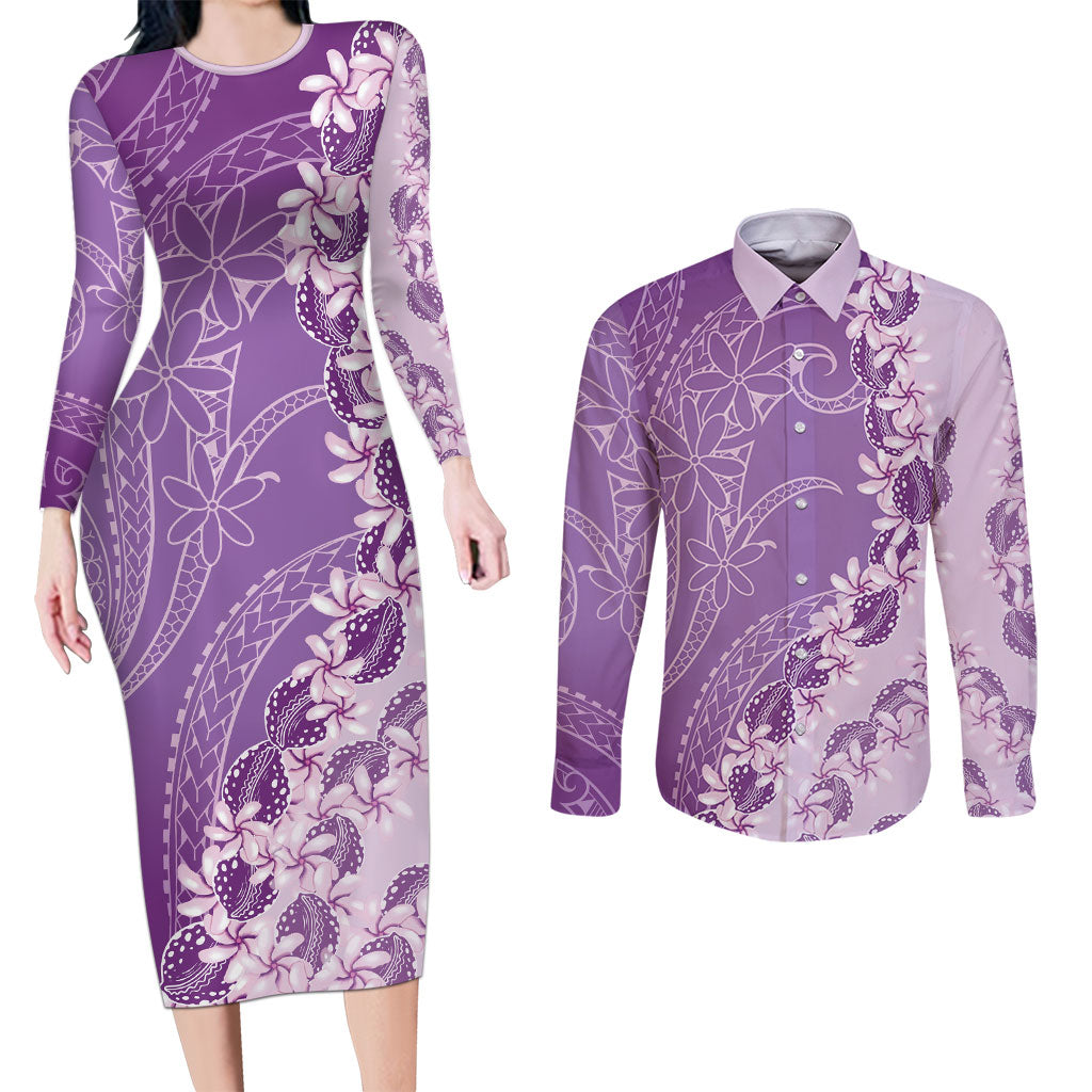 Heiva i Tahiti Couples Matching Long Sleeve Bodycon Dress and Long Sleeve Button Shirt Tahitian Tiare Maori Cowrie Lei Purple