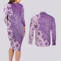 Heiva i Tahiti Couples Matching Long Sleeve Bodycon Dress and Long Sleeve Button Shirt Tahitian Tiare Maori Cowrie Lei Purple