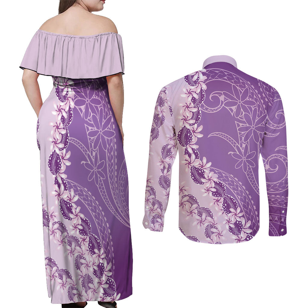 Heiva i Tahiti Couples Matching Off Shoulder Maxi Dress and Long Sleeve Button Shirt Tahitian Tiare Maori Cowrie Lei Purple