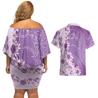 Heiva i Tahiti Couples Matching Off Shoulder Short Dress and Hawaiian Shirt Tahitian Tiare Maori Cowrie Lei Purple