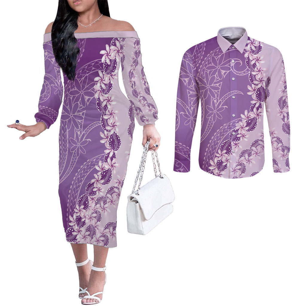 Heiva i Tahiti Couples Matching Off The Shoulder Long Sleeve Dress and Long Sleeve Button Shirt Tahitian Tiare Maori Cowrie Lei Purple