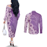 Heiva i Tahiti Couples Matching Off The Shoulder Long Sleeve Dress and Long Sleeve Button Shirt Tahitian Tiare Maori Cowrie Lei Purple