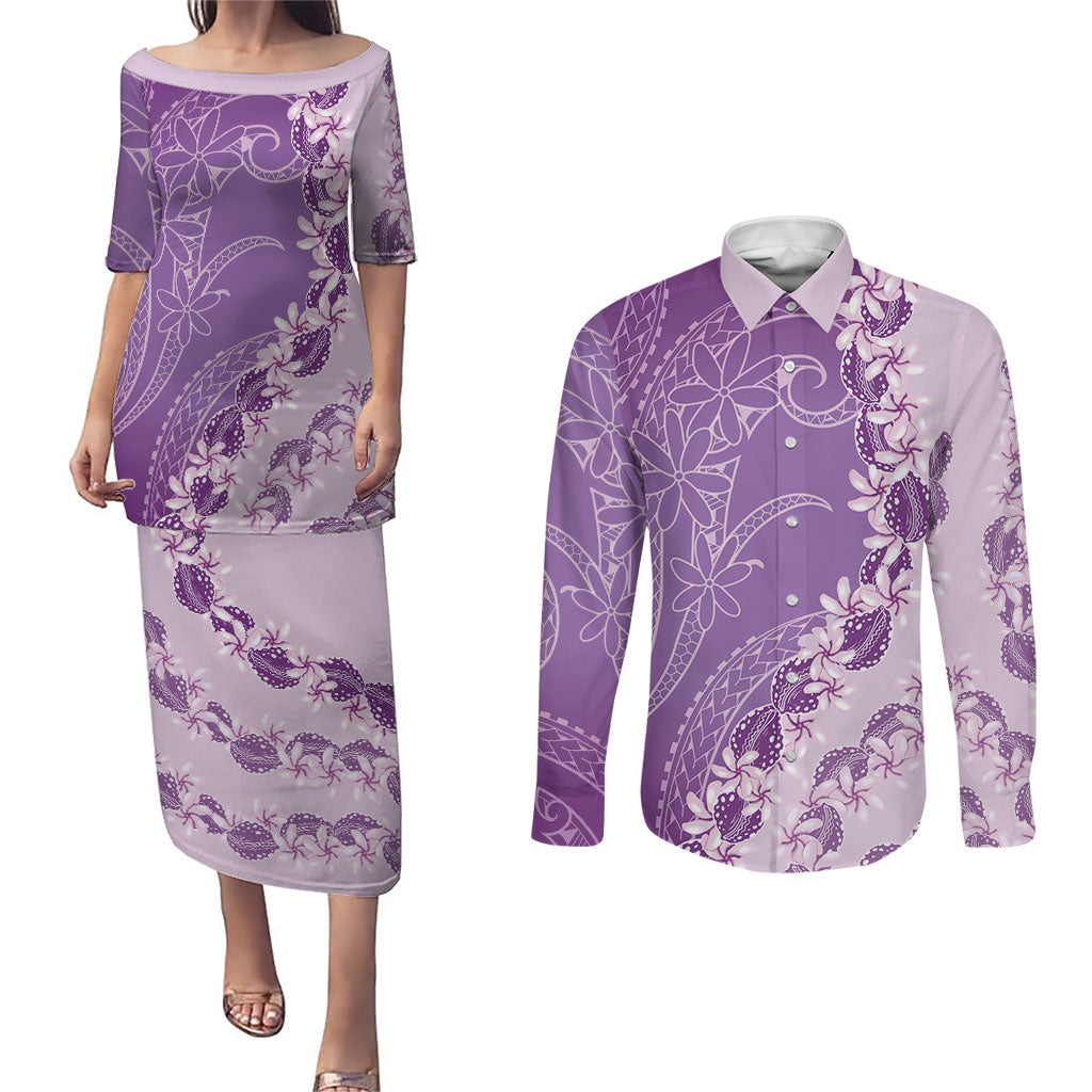 Heiva i Tahiti Couples Matching Puletasi and Long Sleeve Button Shirt Tahitian Tiare Maori Cowrie Lei Purple