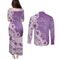 Heiva i Tahiti Couples Matching Puletasi and Long Sleeve Button Shirt Tahitian Tiare Maori Cowrie Lei Purple