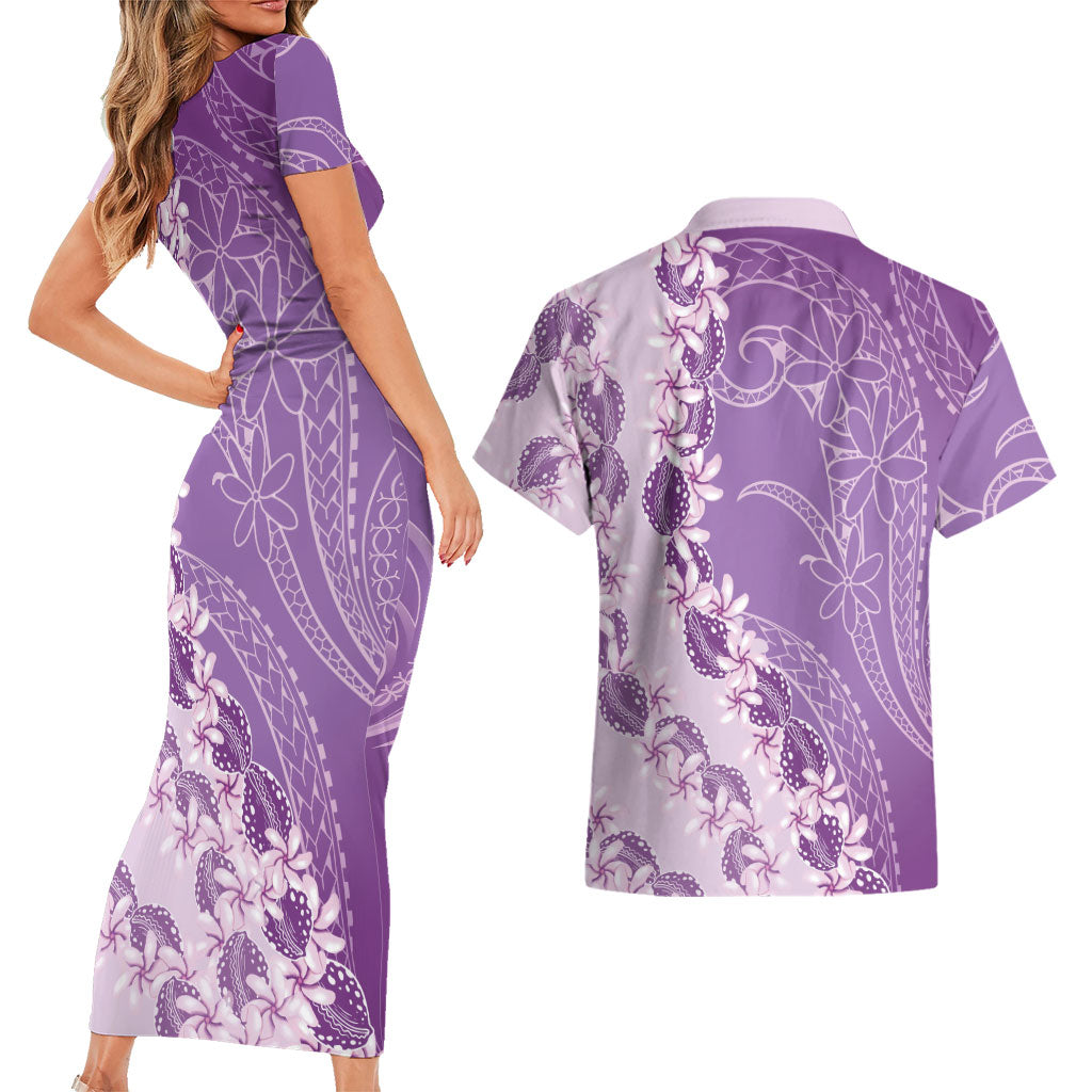 Heiva i Tahiti Couples Matching Short Sleeve Bodycon Dress and Hawaiian Shirt Tahitian Tiare Maori Cowrie Lei Purple