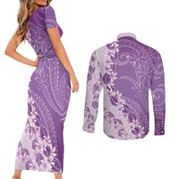 Heiva i Tahiti Couples Matching Short Sleeve Bodycon Dress and Long Sleeve Button Shirt Tahitian Tiare Maori Cowrie Lei Purple