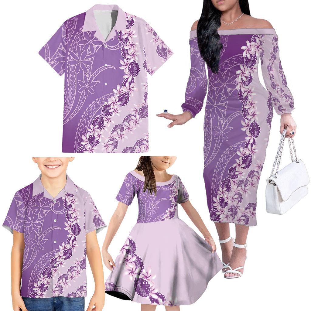 Heiva i Tahiti Family Matching Off The Shoulder Long Sleeve Dress and Hawaiian Shirt Tahitian Tiare Maori Cowrie Lei Purple