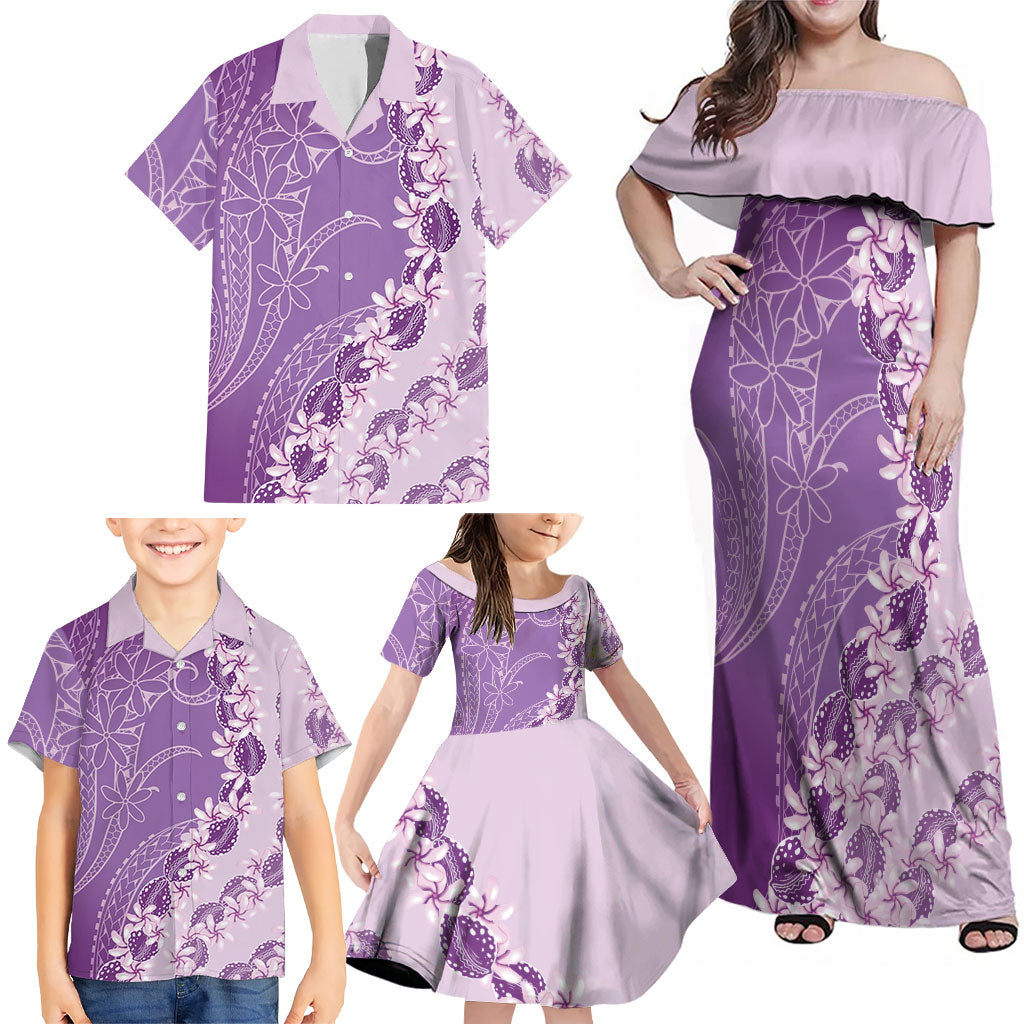Heiva i Tahiti Family Matching Off Shoulder Maxi Dress and Hawaiian Shirt Tahitian Tiare Maori Cowrie Lei Purple