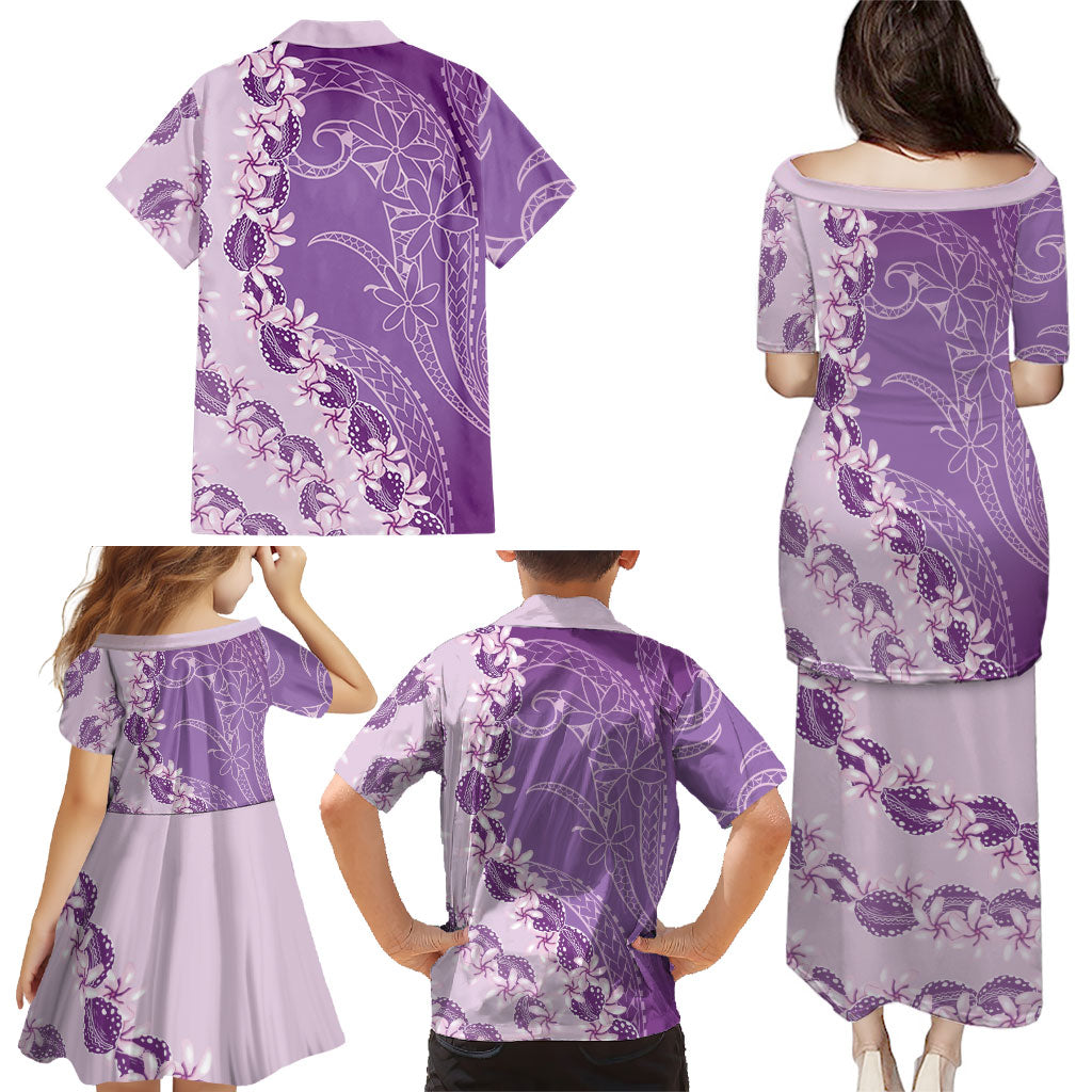 Heiva i Tahiti Family Matching Puletasi and Hawaiian Shirt Tahitian Tiare Maori Cowrie Lei Purple