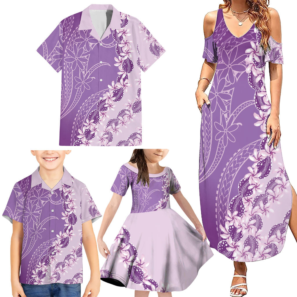 Heiva i Tahiti Family Matching Summer Maxi Dress and Hawaiian Shirt Tahitian Tiare Maori Cowrie Lei Purple