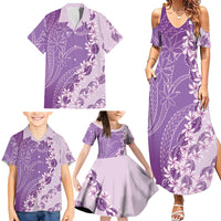 Heiva i Tahiti Family Matching Summer Maxi Dress and Hawaiian Shirt Tahitian Tiare Maori Cowrie Lei Purple