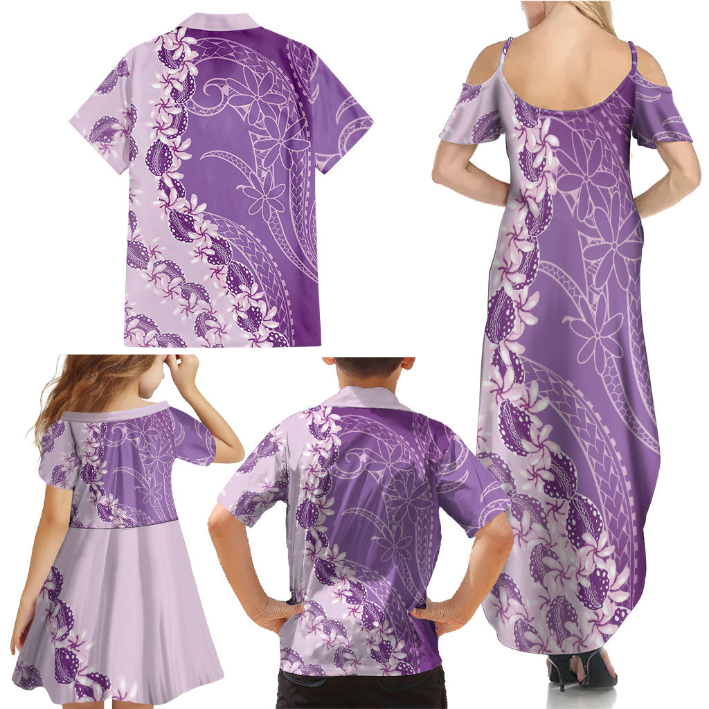 Heiva i Tahiti Family Matching Summer Maxi Dress and Hawaiian Shirt Tahitian Tiare Maori Cowrie Lei Purple