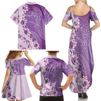 Heiva i Tahiti Family Matching Summer Maxi Dress and Hawaiian Shirt Tahitian Tiare Maori Cowrie Lei Purple