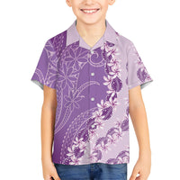 Heiva i Tahiti Kid Hawaiian Shirt Tahitian Tiare Maori Cowrie Lei Purple