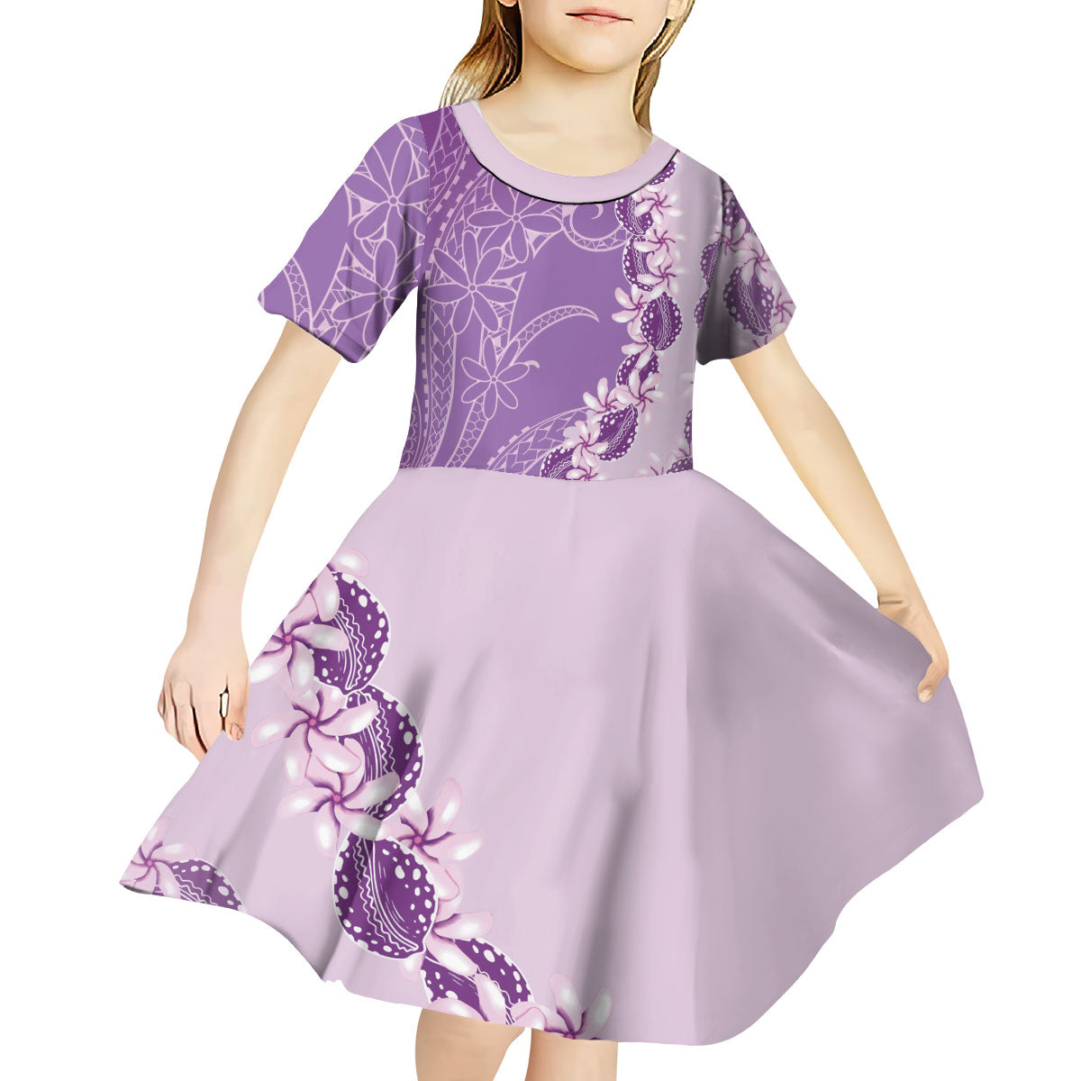 Heiva i Tahiti Kid Short Sleeve Dress Tahitian Tiare Maori Cowrie Lei Purple