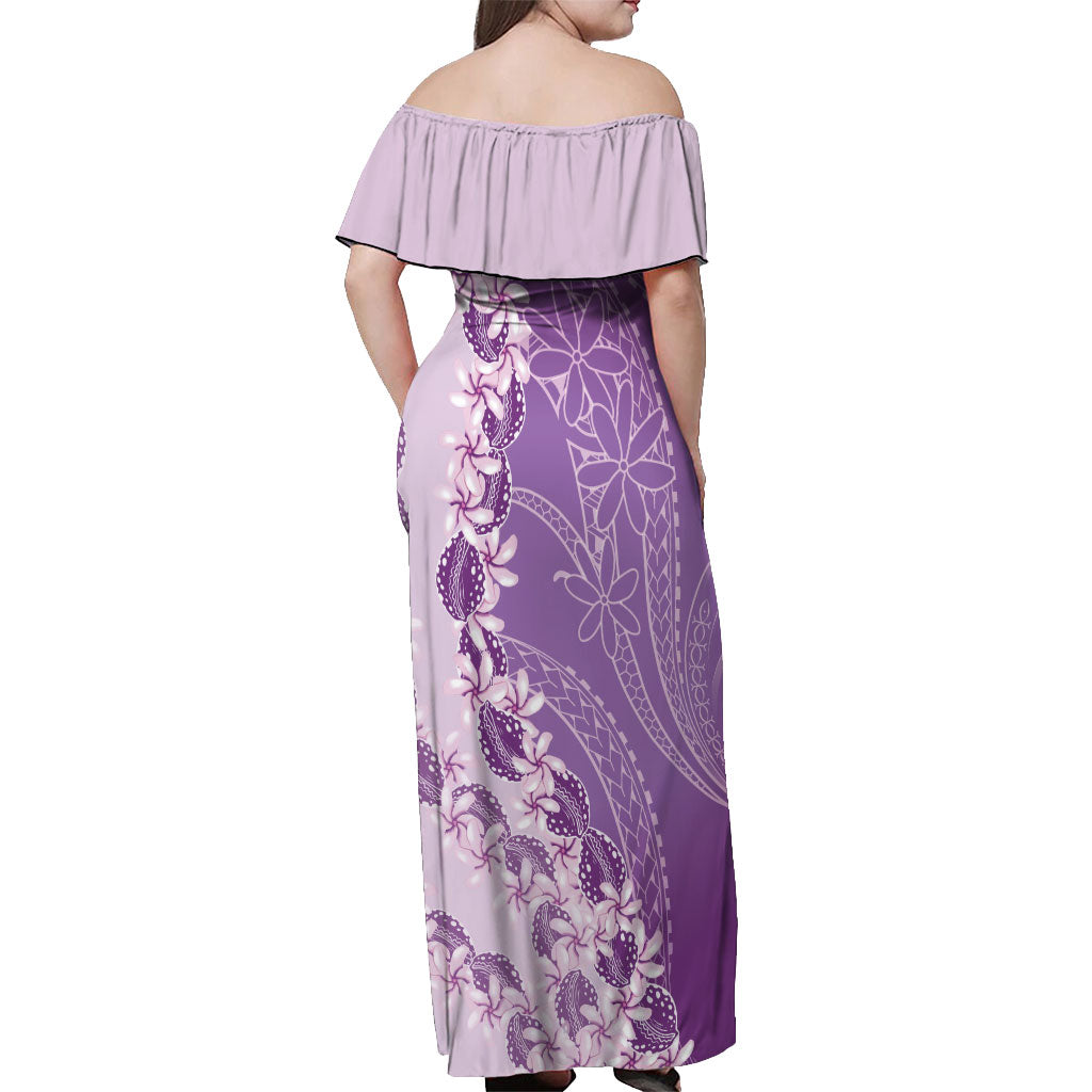 Heiva i Tahiti Off Shoulder Maxi Dress Tahitian Tiare Maori Cowrie Lei Purple