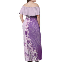 Heiva i Tahiti Off Shoulder Maxi Dress Tahitian Tiare Maori Cowrie Lei Purple