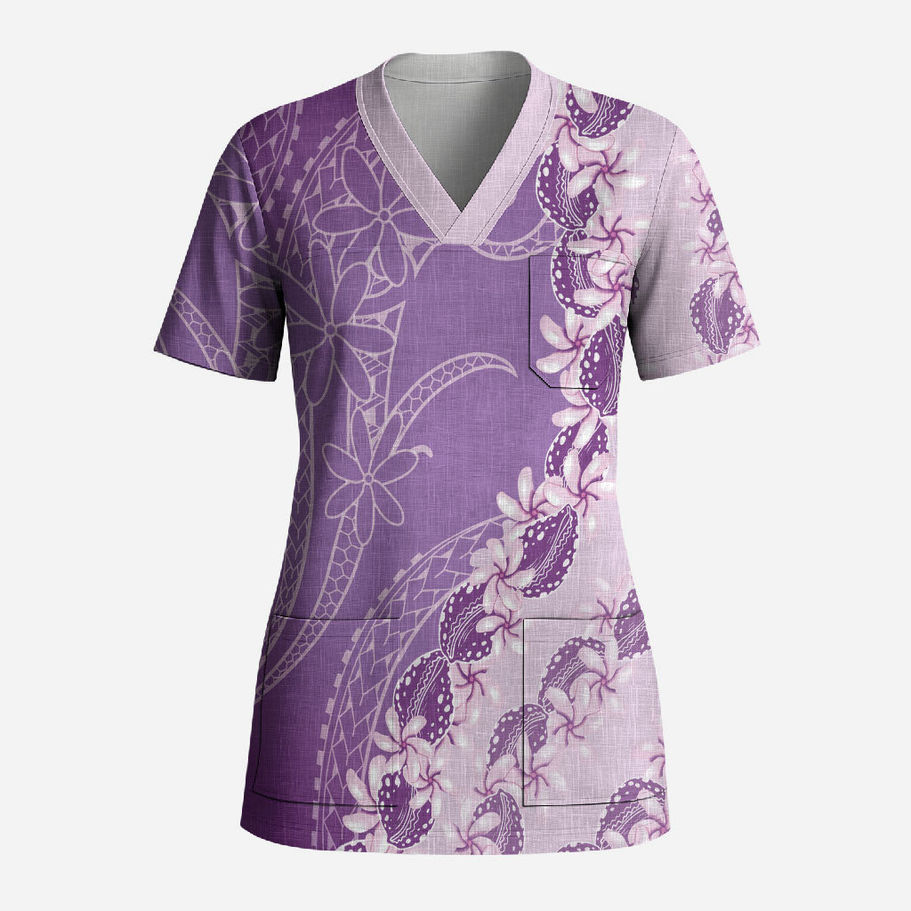 Heiva i Tahiti Scrub Top Tahitian Tiare Maori Cowrie Lei Purple