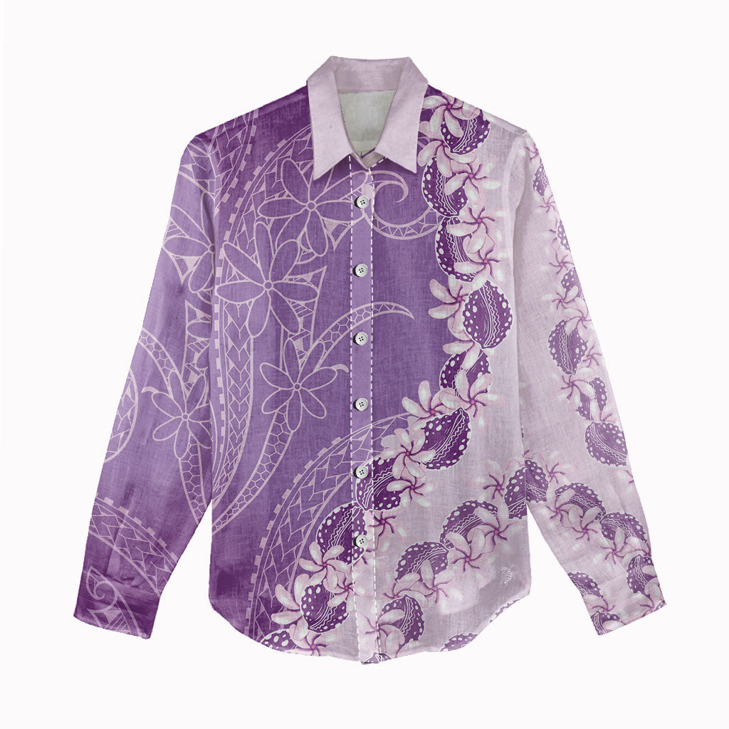 Heiva i Tahiti Women Casual Shirt Tahitian Tiare Maori Cowrie Lei Purple