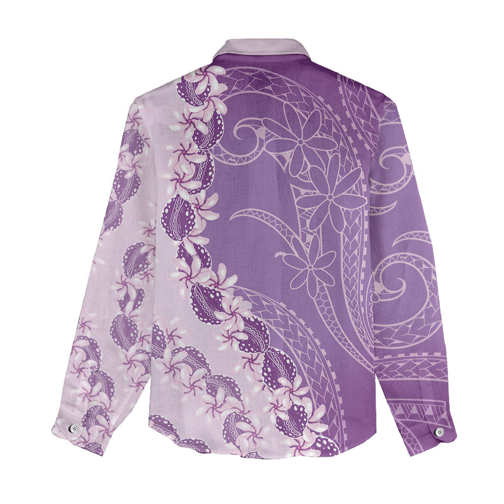 Heiva i Tahiti Women Casual Shirt Tahitian Tiare Maori Cowrie Lei Purple