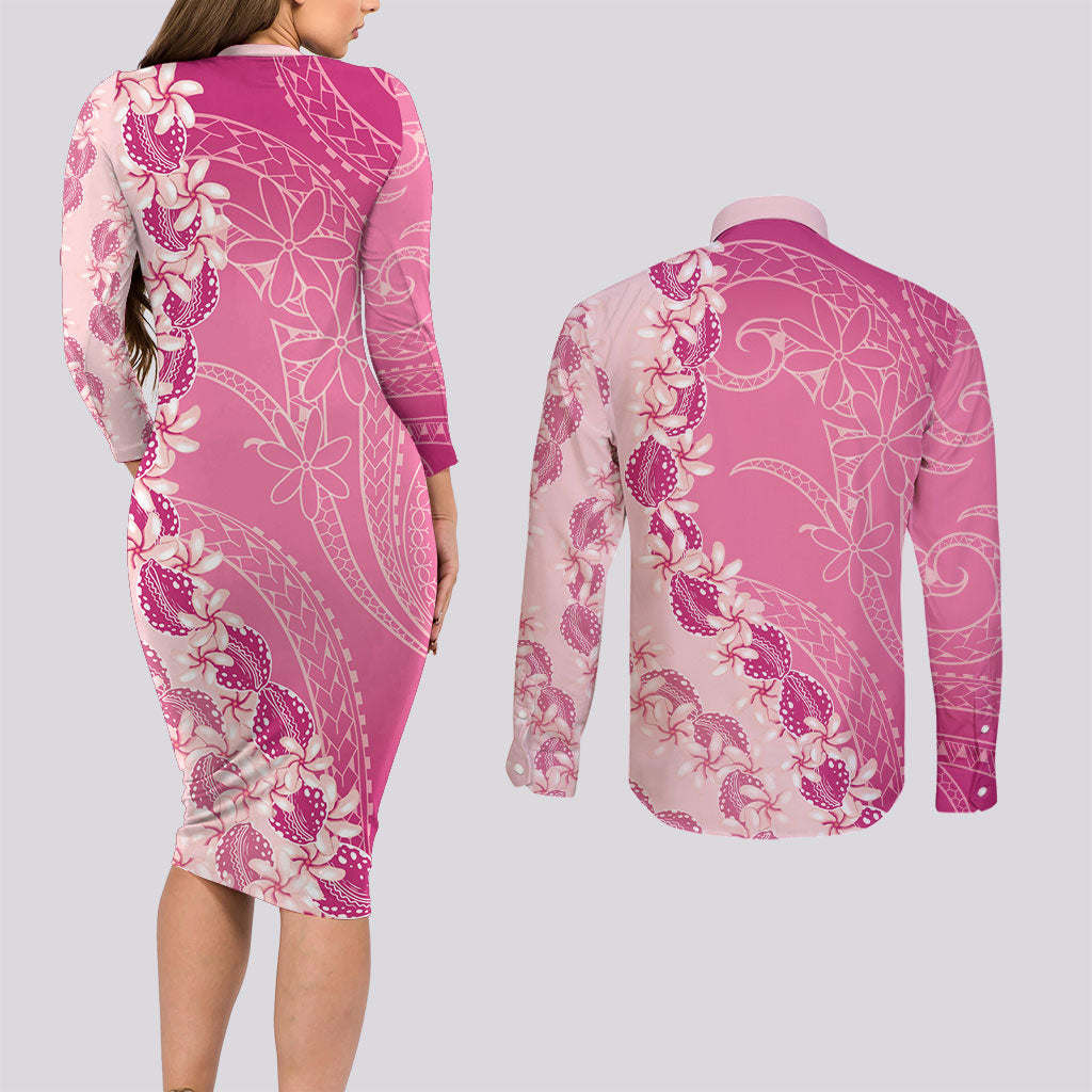 Heiva i Tahiti Couples Matching Long Sleeve Bodycon Dress and Long Sleeve Button Shirt Tahitian Tiare Maori Cowrie Lei Pink