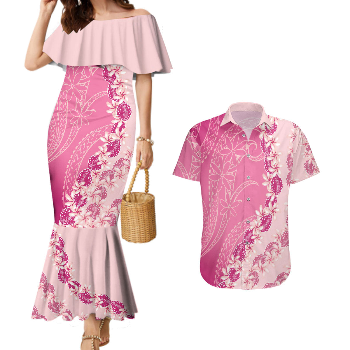 Heiva i Tahiti Couples Matching Mermaid Dress and Hawaiian Shirt Tahitian Tiare Maori Cowrie Lei Pink