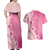 Heiva i Tahiti Couples Matching Off Shoulder Maxi Dress and Hawaiian Shirt Tahitian Tiare Maori Cowrie Lei Pink