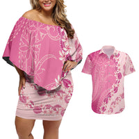Heiva i Tahiti Couples Matching Off Shoulder Short Dress and Hawaiian Shirt Tahitian Tiare Maori Cowrie Lei Pink