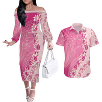 Heiva i Tahiti Couples Matching Off The Shoulder Long Sleeve Dress and Hawaiian Shirt Tahitian Tiare Maori Cowrie Lei Pink