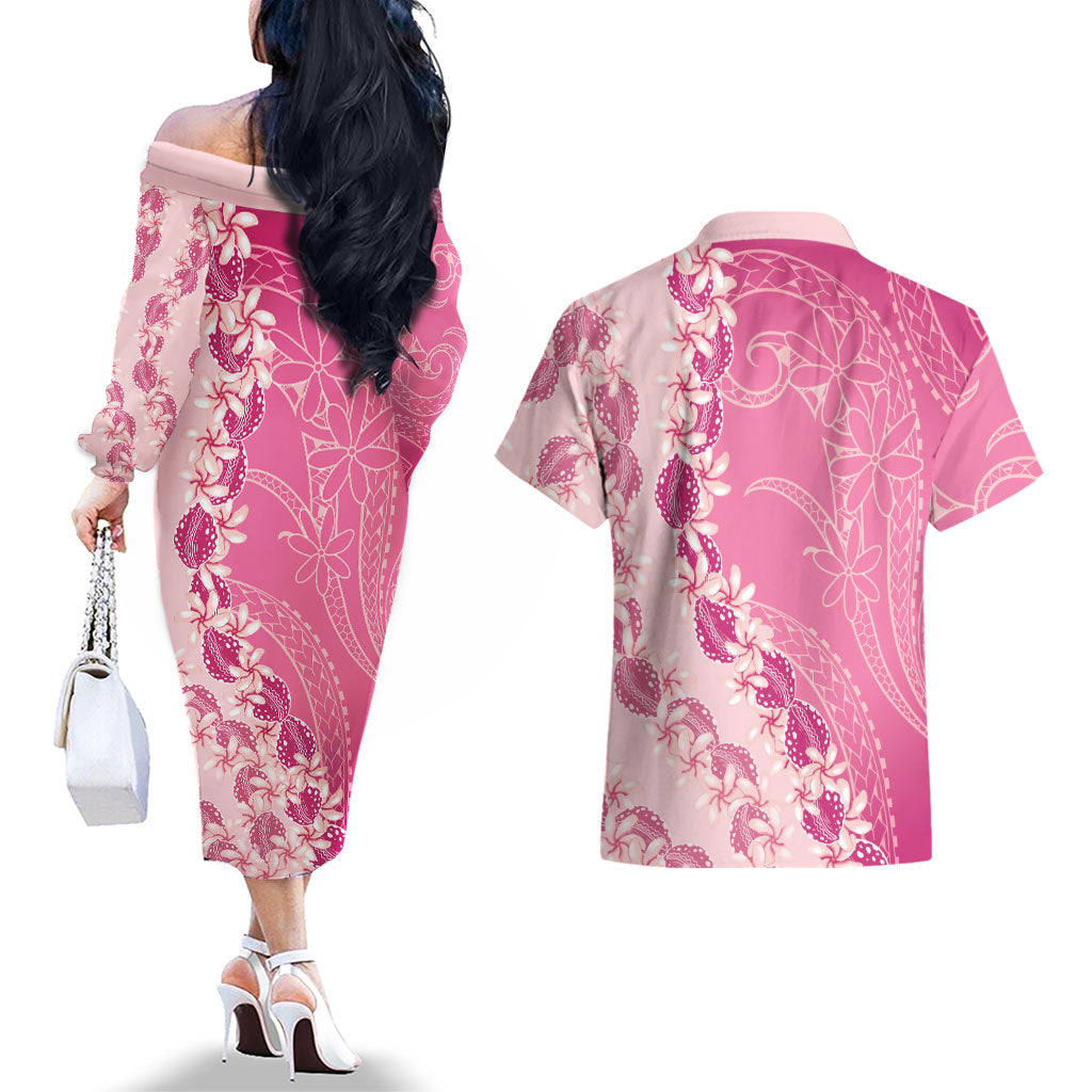 Heiva i Tahiti Couples Matching Off The Shoulder Long Sleeve Dress and Hawaiian Shirt Tahitian Tiare Maori Cowrie Lei Pink