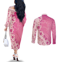 Heiva i Tahiti Couples Matching Off The Shoulder Long Sleeve Dress and Long Sleeve Button Shirt Tahitian Tiare Maori Cowrie Lei Pink