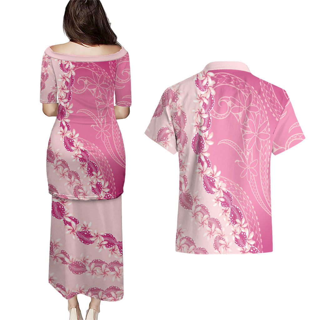 Heiva i Tahiti Couples Matching Puletasi and Hawaiian Shirt Tahitian Tiare Maori Cowrie Lei Pink