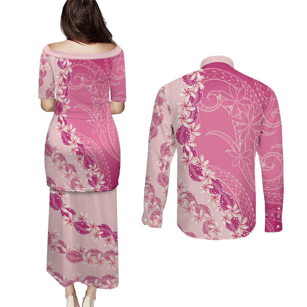 Heiva i Tahiti Couples Matching Puletasi and Long Sleeve Button Shirt Tahitian Tiare Maori Cowrie Lei Pink