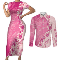 Heiva i Tahiti Couples Matching Short Sleeve Bodycon Dress and Long Sleeve Button Shirt Tahitian Tiare Maori Cowrie Lei Pink